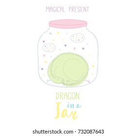Hand drawn vector illustration of a cute funny cartoon dragon in a glass jar, with text Magical present. Isolated objects on white background. Design concept kids, greeting card, motivational poster.