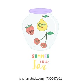 Hand drawn vector illustration of cute funny cartoon fruits: pear, cherry and strawberry in a glass jar, with text Summer in a jar. Isolated objects on white background. Design concept kids, poster.
