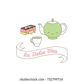 Hand drawn vector illustration of a cute mint tea cup, pot and pastry, Italian text La dolce vita (Sweet life). Isolated objects on white background. Design concept dessert, kids, greeting card.