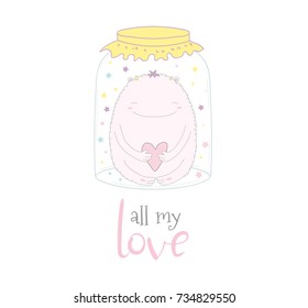 Hand drawn vector illustration of a cute funny cartoon monster with a heart in a glass jar, with text All my love. Isolated objects on white background. Design concept kids, card, motivational poster.