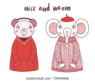 Hand drawn vector illustration of a cute funny bear and elephant, in knitted sweaters, fur earmuffs, beret. Isolated objects on white background. Design concept for children.