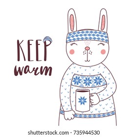 Hand drawn vector illustration of a cute funny rabbit in a knitted headband and sweater, holding coffee mug. Isolated objects on white background. Design concept for children.