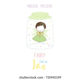 Hand drawn vector illustration of a cute funny cartoon fairy in a glass jar, with text "Magical present". Isolated objects on white background. Design concept kids, greeting card, motivational poster.