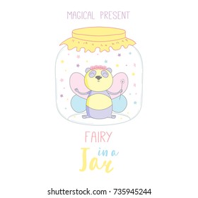 Hand drawn vector illustration of a cute funny fairy panda in a glass jar, with text "Magical present". Isolated objects on white background. Design concept kids, greeting card, motivational poster.