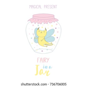 Hand drawn vector illustration of a cute funny cartoon fairy cat in glass jar, with text Magical present. Isolated objects on white background. Design concept kids, greeting card, motivational poster.