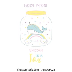 Hand drawn vector illustration of a cute funny cartoon unicorn in a glass jar, with text Magical present. Isolated objects on white background. Design concept kids, greeting card, motivational poster.