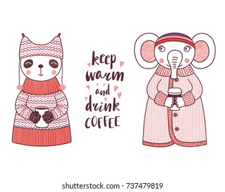 Hand drawn vector illustration of a cute funny panda and elephant in knitted sweaters, holding cups, and drinking coffee. Isolated objects on white background. Design concept for kids.