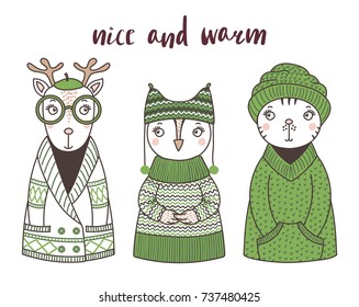 Hand drawn vector illustration of a cute funny cat, owl, deer, in knitted sweaters, hats, beret. Isolated objects on white background. Design concept for children.