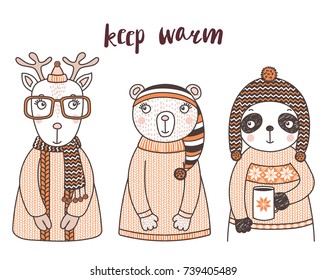 Hand drawn vector illustration of a cute funny bear, panda with a mug, deer, in knitted sweaters, hats, text Keep warm. Isolated objects on white background. Design concept for children.