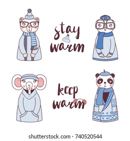 Hand drawn vector illustration of a cute funny owl, bear, panda, elephant, in knitted sweaters, hats, text Stay warm, Keep warm. Isolated objects on white background. Design concept for children.
