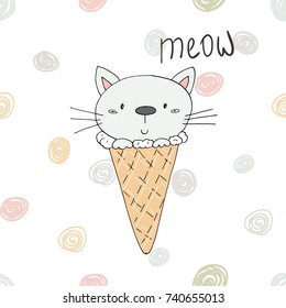 Hand drawn vector illustration with cute cartoon cat ice cream vector illustration.