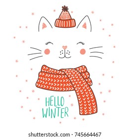 Hand drawn vector illustration of a cute funny cat face in a knitted hat, muffler, text Hello winter. Isolated objects on white background with snowflakes. Design concept for kids, winter, Christmas.