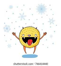 Hand drawn vector illustration of a cute little monster jumping happily among the falling snowflakes. Isolated objects on white background. Design concept for children, change of seasons, winter.