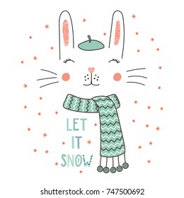 Hand drawn vector illustration of a cute funny rabbit face in a beret, muffler, text Let it snow. Isolated objects on white background with snowflakes. Design concept for kids, winter, Christmas.