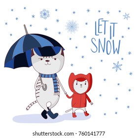 Hand drawn vector illustration of cute cats in boots, big holding umbrella, little in coat, under falling snow, text Let it Snow. Isolated objects on white background. Design concept for kids, winter.