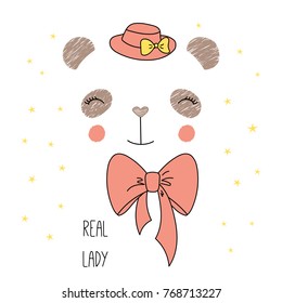 Hand drawn vector illustration of a cute funny panda face in a hat, with a bow, text Real lady. Isolated objects on white background with stars. Design concept for children.