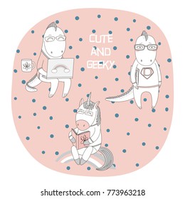 Hand drawn vector illustration of a cute funny cartoon unicorn reading a book, dragons in glasses, with a laptop computer, comic, text. Isolated objects. Design concept children, geek culture