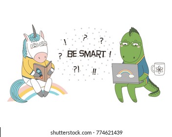 Hand drawn vector illustration of a cute funny cartoon unicorn reading a book, dragon in glasses, holding a laptop computer on the knees, text. Isolated objects. Design concept children, geek culture