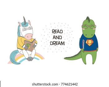 Hand drawn vector illustration of a cute funny cartoon unicorn reading a book, dragon in glasses and sweatshirt, holding a comic, text. Isolated objects. Design concept for children, geek culture.