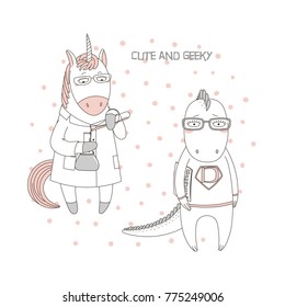 Hand drawn vector illustration of a cute funny unicorn in a lab coat, with chemical reagents, dragon in glasses, holding a comic book, text. Isolated objects. Design concept children, geek culture