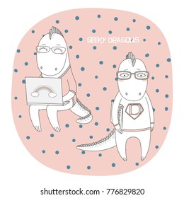 Hand drawn vector illustration of a cute funny cartoon dragons in glasses and sweatshirt, holding a comic book, with laptop computer, text. Isolated objects. Design concept for children, geek culture.