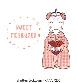 Hand drawn vector illustration of a cute funny cartoon unicorn in cardigan, holding a chocolate heart, with typography. Isolated objects on white background. Design concept for kids, Valentines day