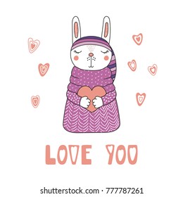 Hand drawn vector illustration of a cute funny cartoon bunny in sweater, hat, holding a heart, with typography. Isolated objects on white background. Design concept for children, Valentines day.