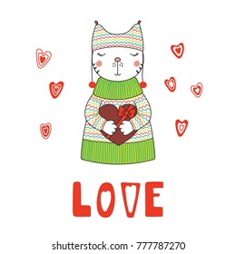 Hand drawn vector illustration of a cute funny cartoon cat in sweater, holding a chocolate heart, with typography. Isolated objects on white background. Design concept for children, Valentines day.