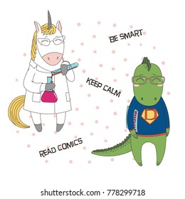 Hand drawn vector illustration of a cute funny unicorn in a lab coat, with chemical reagents, dragon in glasses, holding a comic book, text. Isolated objects. Design concept children, geek culture