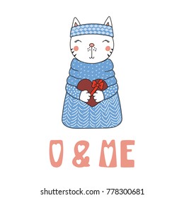 Hand drawn vector illustration of a cute funny cartoon cat in sweater, holding a chocolate heart, with typography. Isolated objects on white background. Design concept for children, Valentines day.