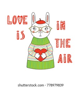 Hand drawn vector illustration of a cute funny cartoon bunny in sweater, hat, holding a heart, with typography. Isolated objects on white background. Design concept for children, Valentines day.