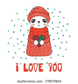 Hand drawn vector illustration of a cute funny cartoon panda in sweater, holding a chocolate heart, with typography. Isolated objects on white background. Design concept for children, Valentines day.
