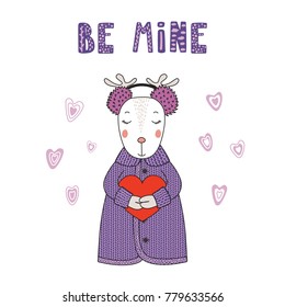 Hand drawn vector illustration of a cute funny cartoon deer in cardigan, earmuffs, holding a heart, with typography. Isolated objects on white background. Design concept for children, Valentines day.