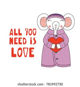 Hand drawn vector illustration of a cute funny cartoon elephant in cardigan, hat, holding a heart, with typography. Isolated objects on white background. Design concept for children, Valentines day.