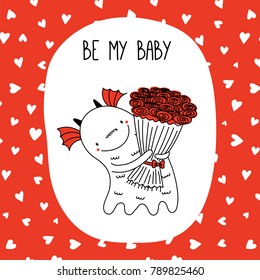 Hand drawn vector illustration of a cute funny cartoon alien monster, holding a bouquet of roses, with typography. Isolated objects on white background. Design concept for children, Valentines day.