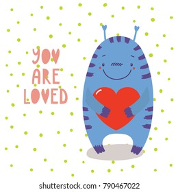 Hand drawn vector illustration of a cute funny cartoon alien monster, holding a heart, with typography. Isolated objects on white background. Design concept for children, Valentines day.