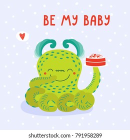 Hand drawn vector illustration of a cute funny cartoon alien monster, holding a cake on a plate, with typography. Isolated objects on white background. Design concept for children, Valentines day.