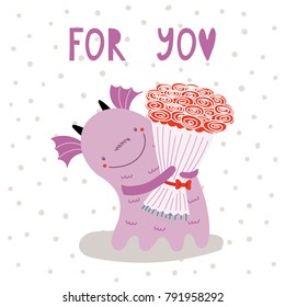 Hand drawn vector illustration of a cute funny cartoon alien monster, holding a bouquet of roses, with typography. Isolated objects on white background. Design concept for children, Valentines day.