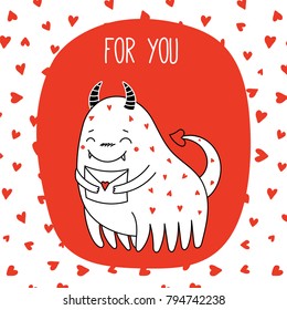 Hand drawn vector illustration of a cute funny cartoon alien monster, holding an envelope with a heart, with typography. Isolated objects. Design concept for children, Valentines day.