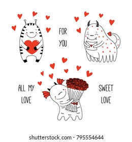 Hand drawn vector illustration of cute funny alien monsters, with romantic quote. Isolated objects. Black and white cartoon style. Design concept for children, Valentines day.