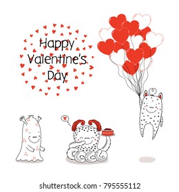 Hand drawn vector illustration of cute funny alien monsters, with romantic quote. Isolated objects. Black and white cartoon style. Design concept for children, Valentines day.