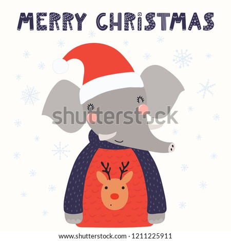 Hand drawn vector illustration of a cute funny elephant in a Santa hat, sweater, with text Merry Christmas. Isolated objects on white background. Scandinavian style flat design. Concept card, invite.
