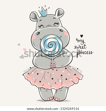 Hand drawn vector illustration of a cute hippo princess in a pink dress and with a big lollipop in her hands.