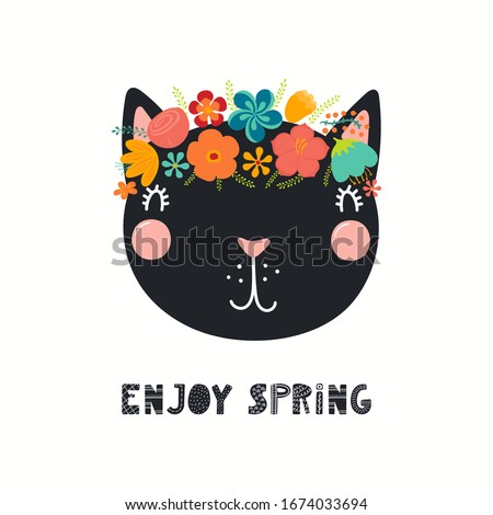 Hand drawn vector illustration of a cute cat face in a flower crown, with lettering quote Emjoy Spring. Isolated objects on white. Scandinavian style flat design. Concept for children print.