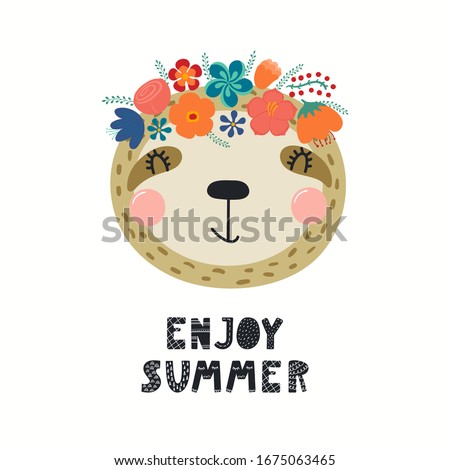 Hand drawn vector illustration of a cute sloth face in a flower crown, with lettering quote Emjoy Summer. Isolated objects on white. Scandinavian style flat design. Concept for children print.