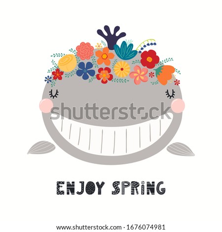 Hand drawn vector illustration of a cute whale face in a flower crown, with lettering quote Emjoy Spring. Isolated objects on white. Scandinavian style flat design. Concept for children print.