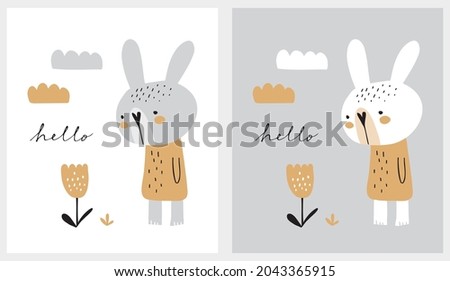 Hand Drawn Vector Illustration with Cute Baby Bunny Looking at Flower. Infantile Style Nursery Art ideal for Card, Wall Art, Poster. Funny Print with Sweet Rabbit on a White and Gray Background.