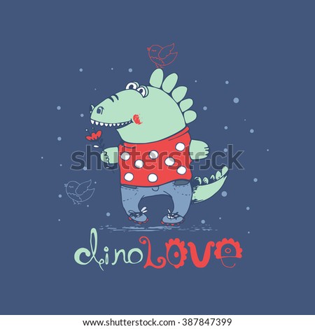 hand drawn vector illustration of a cute boy dinosaur  in dress, with hand drawn lettering "Dino Love"/can be used for kid's or baby's shirt design/fashion print design