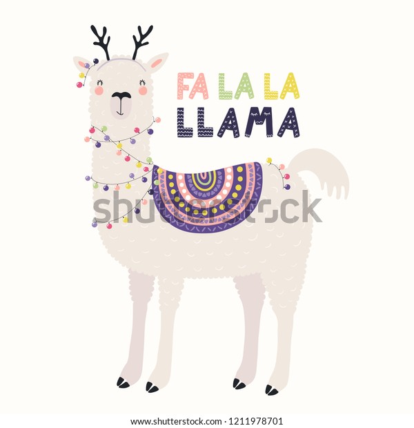 鹿の角の中の可愛いおかしなラマの手描きのベクターイラスト ライト付き テキストfa La La Lalama 白い背景に分離型オブジェクト 北欧スタイルのフラットデザイン クリスマスカードのコンセプト 招待 のベクター画像素材 ロイヤリティフリー