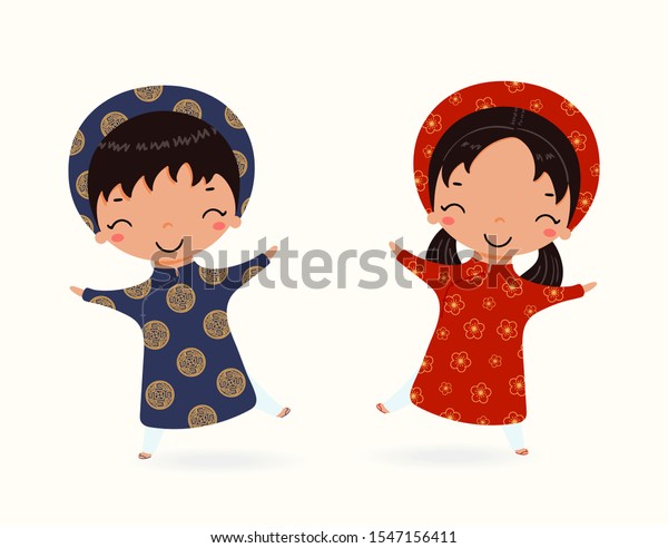 かわいい子ども 男の子 女の子の手描きのベクターイラスト 青い台 ベトナムの伝統的な服 白い背景に フラットスタイルデザイン ベトナムのポスター バナー 旅行 観光のコンセプト のベクター画像素材 ロイヤリティフリー